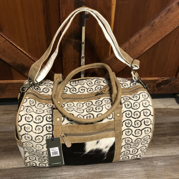 Myra duffel bag travel Leather Fur canvas NWT - Picture 3 of 7